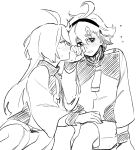  2girls asticassia_school_uniform blush closed_mouth commentary_request flying_sweatdrops greyscale gundam gundam_suisei_no_majo hairband hand_on_another&#039;s_leg highres korean_commentary long_hair long_sleeves looking_at_another miorine_rembran monochrome multiple_girls parted_lips pito_(sh02327) school_uniform shorts sitting suletta_mercury sweat thick_eyebrows yuri 