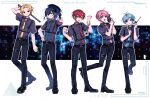  5boys :d :p aiming aiming_at_viewer antenna_hair arm_behind_head bangs_pinned_back baton_(weapon) belt belt_buckle black_belt black_choker black_footwear black_hair black_jacket black_pants blonde_hair blue_hair blue_necktie breast_pocket buckle choker city closed_mouth collar_chain_(jewelry) cowboy_shot cross-laced_footwear crossed_bangs cuffed cuffs danjou_sora english_text finger_on_trigger full_body green_eyes green_hair green_necktie gun hair_between_eyes hair_intakes hair_ornament hairclip hand_on_own_hip hand_up handcuffs harness highres holding holding_baton_(weapon) holding_gun holding_weapon index_finger_raised jacket knight_a leaf_hair_ornament long_hair mahito_(utaite) male_focus multicolored_hair multiple_boys necktie official_art outline pants parted_lips pendant_choker pink_hair pink_necktie pocket police police_uniform policeman ponytail purple_eyes red_eyes red_hair red_necktie revolver shiyun_(utaite) shoes short_hair short_sleeves smile soma_(utaite) standing standing_on_one_leg streaked_hair swept_bangs teruto_(utaite) thigh_belt thigh_strap tie_clip tongue tongue_out trigger_discipline uniform utaite vau_(utaite) walkie-talkie weapon white_background white_outline yellow_eyes yellow_necktie 