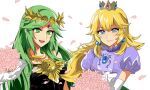  2girls alternate_color anru_(a-alsace-a) blonde_hair blue_eyes chain diadem flower forehead_jewel gold_chain green_eyes green_hair kid_icarus kid_icarus_uprising mario_(series) multiple_girls palutena petals pink_flower princess_peach super_smash_bros. upper_body 