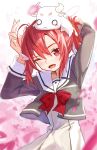  1girl ;d animal_on_head arms_up blush bow bowtie dress falling_petals fuji_sakura hair_between_eyes hair_ornament highres long_sleeves looking_at_viewer lower_teeth_only on_head one_eye_closed open_mouth petals pink_background ponytail red_bow red_bowtie red_eyes red_hair ribbon sailor_collar sailor_dress school_uniform smile solo teeth two-tone_background white_background white_dress white_sailor_collar yuuki_yuuna yuuki_yuuna_wa_yuusha_de_aru yuusha_de_aru 