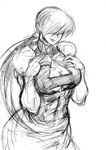  abs bare_shoulders breast_squeeze breasts cleavage cleavage_cutout faux_traditional_media greyscale hair_over_eyes hey_(bluebell) highres huge_breasts leotard miniskirt monochrome ponytail shermie sketch skirt solo the_king_of_fighters 
