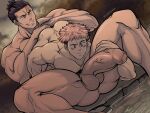  2boys ass bara bidbrok black_hair closed_mouth erection foreskin hair_bun hands_on_another&#039;s_thighs highres itadori_yuuji jujutsu_kaisen large_penis male_focus multiple_boys muscular muscular_male outline penis pink_hair raised_eyebrow scar scar_across_eye signature smile tan teeth thick_thighs thighs toudou_aoi_(jujutsu_kaisen) undercut veins veiny_penis yaoi 