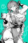  ? absurdres arm_up blush breasts cleavage clothing_cutout cup dna dress embroidery gloves green_background green_eyes greyscale hair_between_eyes highres holding holding_cup honkai:_star_rail honkai_(series) jewelry large_breasts long_hair looking_at_viewer monochrome navel necklace parted_lips pearl_necklace ruan_mei_(honkai:_star_rail) shawl shoulder_cutout sidelocks sweat thigh_strap thighs wide_hips yotsumi_shiro 