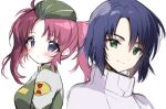  1boy 1girl :o athrun_zala blue_hair breasts character_request check_character closed_mouth commentary_request garrison_cap green_eyes green_hat green_jacket gundam gundam_seed gundam_seed_destiny hair_between_eyes hat jacket medium_breasts meyrin_hawke parted_bangs parted_lips purple_eyes red_hair shiratama_(shiratamaco) simple_background smile thick_eyebrows twintails upper_body white_background white_jacket 