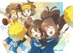  2boys 2girls :d ^_^ alternate_costume border brown_eyes brown_hair clear_2758 clenched_hand closed_eyes commentary_request double_bun hair_bun headband highres hilbert_(pokemon) hilda_(pokemon) long_hair megaphone multiple_boys multiple_girls nate_(pokemon) open_mouth outside_border pokemon pokemon_bw pokemon_bw2 pom_pom_(cheerleading) rosa_(pokemon) smile white_border yellow_headband 