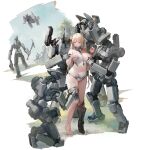  1girl armor black_footwear blonde_hair blush breasts broken_armor damaged grey_eyes groin hand_on_own_chest highres humanoid_robot large_breasts long_hair looking_down montana_(warship_girls_r) mouth_hold navel official_alternate_costume official_art removing_pasties robot shy single_barefoot third-party_source torn_clothes transparent_background very_long_hair warship_girls_r windforcelan 