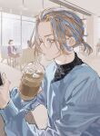  1boy absurdres bangs_pinned_back black_sweater blonde_hair blue_sweater cafe chamuring ear_piercing from_side glasses haitani_rindou highres holding iced_coffee indoors looking_at_phone low_ponytail male_focus multicolored_hair phone piercing purple_eyes short_ponytail sidelocks streaked_hair sweater tokyo_revengers upper_body 