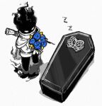  blue_flower blue_rose bouquet cape chibi coffin der_freischuetz_(lobotomy_corporation) fire flaming_head flaw_eight flower funeral_of_the_dead_butterflies gloves greyscale gun holding holding_bouquet jacket long_sleeves monochrome pants project_moon rifle rose simple_background sleeping spot_color weapon white_background 