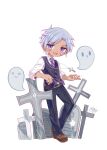  1boy belt black_pants black_vest brown_belt brown_footwear character_request collared_shirt cross ghost grey_hair mashle necktie pants purple_eyes purple_necktie rippi_(k1fqp0s3mhqid55) sharp_teeth shirt short_hair solo teeth tombstone vest 