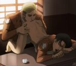  2boys anilingus ass barefoot blonde_hair bottomless brown_jacket closed_eyes cup erwin_smith jacket levi_(shingeki_no_kyojin) male_focus mug multiple_boys on_table open_mouth shingeki_no_kyojin signature table teeth thefelixfellow undercut window_shade yaoi 