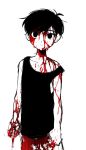 1boy antenna_hair arms_at_sides bare_arms black_eyes black_hair black_tank_top blood blood_on_arm blood_on_clothes blood_on_face blood_on_hands blood_on_knife closed_mouth collarbone expressionless hair_behind_ear highres holding holding_knife knife no_pupils omori omori_(omori) short_hair shorts solo spot_color strap_slip striped_clothes striped_shorts tank_top thxzmgn vertical-striped_clothes vertical-striped_shorts 