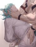  2boys bandaged_arm bandages blue_hair gradient_background hand_on_another&#039;s_face hand_on_another&#039;s_head hand_on_another&#039;s_stomach highres jujutsu_kaisen kashimo_hajime long_sleeves looking_at_another male_focus medium_hair multiple_boys muscular muscular_male pants papagro12 ryoumen_sukuna_(jujutsu_kaisen)_(true_form) shirt veins white_background white_pants white_shirt 