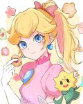  1girl 1other ayaka_00709 blonde_hair blue_eyes bow brooch cookie dress earrings elbow_gloves food gloves hair_bow heart highres holding holding_food jewelry light_smile mario_(series) medium_hair official_alternate_hairstyle open_mouth pink_bow pink_dress ponytail princess_peach princess_peach:_showtime! puffy_short_sleeves puffy_sleeves short_sleeves sphere_earrings stella_(peach) upper_body white_gloves 