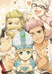  &gt;o&lt; 4boys bara beard bergamond_(crave_saga) blonde_hair blue_eyes blush_stickers bow bowtie bracelet crave_saga cupid_(crave_saga) earrings eyebrow_cut facial_hair finger_heart forked_eyebrows goatee_stubble grin hat heart heart_hands heart_in_mouth hiratai_tori jewelry long_hair looking_at_viewer male_focus mitre multiple_boys muscular muscular_male necklace nine_(crave_saga) one_eye_closed open_clothes open_shirt pink_hair pink_shirt ponytail ring semi-rimless_eyewear seven_(crave_saga) shirt smile sparkle stubble suspenders thick_eyebrows thick_mustache undercut white_hair wings 