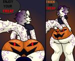 anthro big_butt black_sclera bulge butt clothed clothing digital_drawing_(artwork) digital_media_(artwork) duo english_text felid feline felis fur hair halloween hi_res holidays kohi_(coffeez) lagomorph leporid looking_at_viewer looking_back male male/male mammal markings pantherine presenting presenting_hindquarters pumpkin_butt purple_eyes rear_view saskatoon_nu simple_background sitting sitting_on_another snow_leopard speech_bubble spots spotted_body tail text thick_thighs white_body white_fur