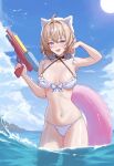  1girl :d ahoge bare_arms bare_shoulders bikini black_choker blonde_hair blue_eyes blue_sky chinoa choker cloud commentary commission day hair_intakes halterneck highres holding holding_water_gun honkai:_star_rail honkai_(series) innertube looking_at_viewer lynx_landau navel open_mouth second-party_source short_hair skeb_commission sky smile solo standing stomach swim_ring swimsuit thighs wading water water_gun white_bikini white_hat 
