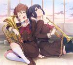  2girls 3s black_hair black_thighhighs blue_eyes brown_eyes brown_hair brown_jacket brown_skirt euphonium hibike!_euphonium highres holding holding_instrument instrument jacket kitauji_high_school_uniform kousaka_reina leaning_on_person multiple_girls neckerchief oumae_kumiko red_neckerchief school_uniform skirt smile thighhighs trumpet 