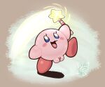 artist_logo blue_eyes blush female genitals hi_res kirby kirby_(series) logo nintendo not_furry open_mouth pink_body plump_labia pussy raised_leg signature simple_background smile solo star_rod tongue waddling_head wand wolps