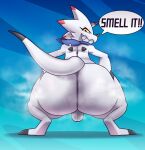 anthro balls bandai_namco big_butt bodily_fluids butt digimon digimon_(species) digitigrade fawxythings gammamon genitals grin hi_res horn kerchief looking_at_viewer looking_back male mostly_nude musk musk_clouds neckerchief rear_view smile sniffing_request solo sweat sweaty_butt thick_thighs