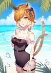  animal_ear_fluff animal_ears aoi_tooru arknights bare_shoulders black_bow black_one-piece_swimsuit blue_sky bow breasts cat_ears cat_girl cat_tail cloud commentary_request day fang frilled_one-piece_swimsuit frills green_eyes hair_bow hand_up highres horizon looking_at_viewer medium_breasts mousse_(arknights) multicolored_hair multiple_tails ocean one-piece_swimsuit orange_hair outdoors palm_tree parted_bangs parted_lips sky standing swimsuit tail tree two-tone_hair two_tails water water_drop white_hair wrist_cuffs 