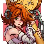  1girl a.b.a bags_under_eyes bandaged_chest chain green_eyes guilty_gear guilty_gear_xx hair_over_one_eye key key_in_head looking_at_viewer object_through_head onua_tf pale_skin paracelsus red_hair short_hair stitched_mouth stitches upper_body 