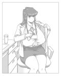  1girl aged_up alternate_breast_size blush breasts card chair collared_shirt commentary_request covered_nipples desk ear_blush flying_sweatdrops highres holding holding_card huge_breasts id_card impossible_clothes impossible_shirt inverted_nipples jacket komi-san_wa_komyushou_desu komi_shouko lanyard long_hair looking_at_viewer office_chair office_lady open_clothes open_jacket pencil_skirt popped_button puffy_nipples removing_jacket shirt sidelocks sitting skirt swivel_chair thick_thighs thighs tomodaore_niku_udon wardrobe_malfunction white_background 