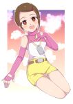  1girl belt brown_eyes brown_hair cloud digimon digimon_adventure_02 fingerless_gloves full_body gloves hair_ornament hairclip highres jewelry looking_at_viewer necklace open_mouth sanirasuto short_hair shorts smile solo yagami_hikari yellow_shorts 