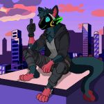 absurd_res anthro blue_body blue_fur bulge canid canine city city_background clothing fox_becket fur hi_res hoodie looking_at_viewer machine male mammal neck_tuft pixelbear protogen red_body red_fur sitting solo topwear tuft visor