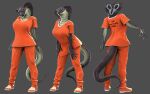 2024 3d_(artwork) 5_fingers anthro blender_(software) breasts clothed clothing cobra digital_media_(artwork) elapid_(snake) female fingers front_view grey_body grey_scales hi_res humanoid_hands king_cobra petruz petruz_(copyright) prison_uniform rear_view reptile sab_(petruz) scales scalie smile snake solo standing tail text text_on_clothing
