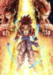  3boys aura black_ve blue_eyes blue_sash brown_hair cropped_vest dragon_ball dragon_ball_gt energy full_body highres long_hair metamoran_vest monkey_tail multiple_boys n_k0918 pants powering_up red_hair sash son_goku sparkle spiked_hair super_saiyan super_saiyan_4 tail topless_male upper_body veget vest white_pants yellow_eyes 