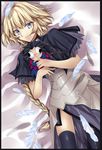  armor armored_dress black_legwear blonde_hair blue_eyes braid capelet caster_(fate/zero) character_doll collaboration dress fate/apocrypha fate/zero fate_(series) feathers highres jeanne_d'arc_(fate) jeanne_d'arc_(fate)_(all) long_hair nashoki on_bed single_braid smile solo thighhighs tusia 