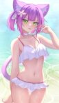  1girl absurdres animal_ears aoi_zerii bare_shoulders beach bikini blush breasts cat_ears cat_girl cat_tail gradient_hair green_eyes highres hololive looking_at_viewer medium_breasts medium_hair multicolored_hair navel open_mouth outdoors pink_hair purple_hair smile solo swimsuit tail thighs tokoyami_towa virtual_youtuber white_bikini 