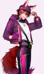  1boy amagi_rinne animal_ears aqua_eyes commentary_request earrings ears_through_headwear ensemble_stars! fake_animal_ears fox_boy fox_ears fox_tail from_side grin hair_between_eyes hat high-waist_pants highres hood hooded_jacket jacket jewelry koi_koi_cafe_(ensemble_stars!) layered_clothes looking_at_viewer male_focus multicolored_clothes multicolored_jacket multicolored_pants oshirase pants pink_jacket pink_pants purple_jacket red_hair short_hair slit_pupils smile solo standing suspenders tail upper_body white_background 