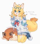  1girl :d ahoge animal_ear_fluff animal_ears animal_print artist_name bird_print blonde_hair blue-framed_eyewear blue_eyes blue_footwear blue_shorts blush_stickers body_fur commission commissioner_name eyewear_on_head fangs fox_ears fox_girl fox_shadow_puppet fox_tail from_side full_body furry furry_female glasses gomafuto hair_between_eyes hands_up highres jacket kneeling long_sleeves looking_at_viewer neckerchief off-shoulder_jacket off_shoulder open_mouth original pom_pom_(clothes) red_neckerchief short_hair shorts signature simple_background skeb_commission smile solo stuffed_fox tail thank_you white_background white_fur white_jacket yellow_fur 