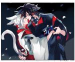  2boys animal_ears au_ra black_hair black_nails black_sclera border cat_boy cat_ears cat_tail colored_sclera dragon_horns dragon_tail falling_petals final_fantasy final_fantasy_xiv from_side gradient_hair hair_between_eyes holding_another&#039;s_tail holding_hands horns imminent_kiss japanese_clothes looking_at_another male_focus miqo&#039;te multicolored_hair multiple_boys open_mouth petals profile ptptprpr red_hair short_hair tail two-tone_hair upper_body warrior_of_light_(ff14) white_border white_hair yaoi 