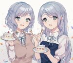  2girls aqua_hair aqua_ribbon bang_dream! blush bow braid brown_sweater_vest cake collared_shirt commentary confetti dress_shirt food fork green_eyes hair_between_eyes hair_bow happy_birthday highres hikawa_hina hikawa_sayo holding holding_fork holding_plate long_hair long_sleeves looking_at_viewer multiple_girls neck_ribbon open_mouth plate ribbon sakurahara shirt short_hair siblings side_braids sisters sweater_vest twins twitter_username upper_body white_shirt yellow_bow 