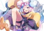  1girl anzu_(v0_0v_o0) blue_hair character_hair_ornament coat hair_ornament iono_(pokemon) long_hair looking_at_viewer magnemite multicolored_hair one_eye_closed open_mouth pink_hair pokemon pokemon_sv purple_eyes sharp_teeth single_leg_pantyhose sleeves_past_fingers sleeves_past_wrists smile solo teeth two-tone_hair upper_teeth_only yellow_coat 