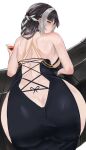  1girl absurdres ass back backless_dress backless_outfit bare_shoulders black_dress black_hair blush breasts chiyu1182 dress highres large_breasts long_hair looking_at_viewer looking_back martini modakawa_dress multicolored_hair original smile solo two-tone_hair white_hair yellow_eyes 