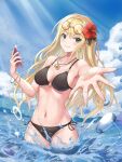  1girl bang_dream! bikini black_bikini blonde_hair blue_nails breasts commission commissioner_upload cowboy_shot eyewear_on_head facing_viewer flower flower_on_head highres holding holding_phone kirigaya_toko long_hair medium_breasts navel ocean phone skeb_commission smile solo splashing swimsuit symbol-shaped_pupils water yellow_eyes 