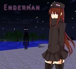  brown_hair enderman long_hair lowres minecraft mouth open purple_eyes skirt thighhighs turtleneck very_long_hair water 