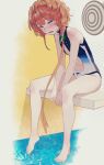  1girl blue_eyes braid breasts brown_hair center_opening diving_board e_ixion fate/grand_order fate_(series) highres one-piece_swimsuit pool side_braid sitting small_breasts sweat swimsuit van_gogh_(fate) van_gogh_(sink_deeper)_(fate) water 
