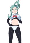 1girl ahoge alternate_breast_size alternate_costume aqua_eyes black_gloves black_pantyhose blush breasts closed_mouth clothes_lift commentary_request cropped_jacket earrings elbow_gloves gloves green_hair hair_ornament hand_on_own_hip highres jacket jacket_lift jewelry lifted_by_self lisia_(pokemon) logo navel panties panties_over_pantyhose pantyhose pokemon pokemon_oras simple_background smile solo team_rocket team_rocket_uniform tonbi_(enbitonbi) underwear white_background white_jacket white_panties 