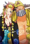  1boy 1girl black_kimono black_maria_(one_piece) blonde_hair blue_eyes braid breasts cleavage coat fake_horns floral_print flower fur_coat hair_flower hair_ornament hand_on_own_face highres horns jack_(one_piece) japanese_clothes kimono long_hair long_sleeves looking_at_viewer mask mouth_mask muscular muscular_male one_eye_closed one_piece open_clothes ponytail print_kimono red_horns smile sweatdrop tongue tongue_out twin_braids upper_body wide_sleeves yuuya_(hakase-luv) 
