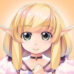  1girl atelier-moo blonde_hair closed_mouth collarbone elf gem green_eyes jewelry long_hair long_pointy_ears looking_at_viewer orange_background our_battle_has_just_begun! pointy_ears portrait simple_background smile solo synsya twintails very_long_hair 