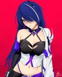  1girl acheron_(honkai:_star_rail) black_choker black_gloves blue_hair breasts choker cleavage coat commentary crop_top darkpulsegg gloves hair_ornament hair_over_one_eye halterneck highres honkai:_star_rail honkai_(series) long_hair midriff navel purple_eyes red_background simple_background single_bare_shoulder solo upper_body very_long_hair white_coat white_hair 