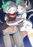  2girls absurdres animal_ears blue_eyes blush brown_coat cat_ears cat_tail closed_eyes closed_mouth coat commentary eila_ilmatar_juutilainen flying fox_ears fox_tail fringe_trim grey_hair grey_scarf happy highres hirschgeweih_antennas hug jacket long_hair multiple_girls night official_alternate_costume one_eye_closed open_mouth outdoors pantyhose red_scarf sanya_v._litvyak scarf shiny_skin short_hair sky smile strike_witches striker_unit tail tearing_up tears tricky_46 white_coat white_hair wind winter_clothes winter_coat world_witches_series yuri 