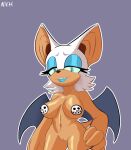anthro bat bat_wings big_breasts big_ears bite biting_lip biting_own_lip blue_eyeshadow blue_lipstick blue_sclera breasts eyelashes eyeshadow female fur genitals green_eyes hand_on_hip hi_res lipstick looking_at_viewer makeup mammal membrane_(anatomy) membranous_wings navel nude null_abyss orange_body orange_fur pasties purple_background pussy rouge_the_bat sega simple_background solo sonic_the_hedgehog_(series) thick_thighs white_body white_fur wide_hips wings