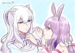  2girls animal_ears bare_shoulders blue_background blue_dress blue_eyes blush cat_ears closed_mouth commentary_request dress hair_ribbon hand_in_another&#039;s_hair himesaki_yuzuru long_hair multiple_girls noripro parted_lips ponytail purple_hair purple_ribbon rabbit_ears red_eyes ribbon shirayuki_mishiro smile twitter_username upper_body virtual_youtuber white_hair yuri yuri_kyanon 