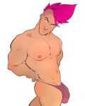  1boy ass bara black_eyes character_request closed_mouth collarbone copyright_request covered_penis cowboy_shot dkmate earrings jewelry large_pectorals male_focus male_underwear mohawk muscular muscular_male navel nose_piercing pectorals penis piercing pink_hair pink_male_underwear simple_background solo undercut underwear v-shaped_eyebrows white_background 