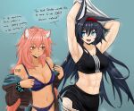  2girls abs animal_ear_fluff animal_ears arknights armpits black_hair black_sports_bra blaze_(arknights) bra cat_ears cat_girl cat_tail dokonjou_(odossan) english_text gravel_(arknights) hairband highres hood hooded_jacket jacket lace-trimmed_bra lace-trimmed_panties lace_trim long_hair mouse_ears mouse_girl multiple_girls open_clothes open_jacket open_mouth panties pink_hair red_hairband shoulder_tattoo skirt smile sports_bra steaming_body sweat sweaty_armpits tail tattoo underwear undressing very_sweaty 